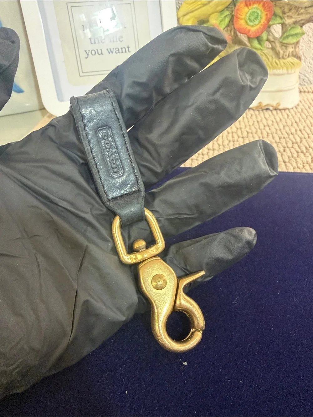 Coach Black Leather Key Fob with Brass Clip